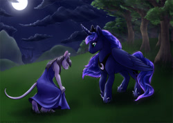 Size: 1000x713 | Tagged: safe, artist:curiodraco, derpibooru import, princess luna, alicorn, anthro, mouse, pony, g4, canterlot, cloud, duo, forest, kneeling, moon, nature, night, tree