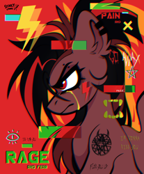 Size: 1620x1957 | Tagged: safe, artist:rtootb, derpibooru import, oc, oc:era, pony, angry, crying, digital art, ear fluff, ear piercing, earring, ears, eyebrow piercing, jewelry, lightning, looking up, piercing, red eyes, solo, symbol, tattoo, tears of anger, text