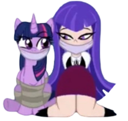 Size: 1502x1420 | Tagged: safe, artist:beckynatt, derpibooru import, edit, twilight sparkle, twilight sparkle (alicorn), alicorn, human, pony, g4, bondage, bound and gagged, calm, cloth gag, clothes, cropped, dc comics, dc superhero girls, duo, duo female, female, gag, help us, impressed, looking at each other, looking at someone, needs more jpeg, relaxed, ribbon bow tie, rope, rope bondage, shirt, simple background, sitting, skirt, smiling, smirk, tied up, transparent background, waistcoat, zatanna, zee zatara