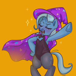 Size: 3000x3000 | Tagged: safe, artist:zigmeow, derpibooru import, trixie, pony, unicorn, g4, bipedal, bunny suit, cape, clothes, cute, diatrixes, female, hat, horn, mare, orange background, simple background, solo, tights, trixie's cape, trixie's hat