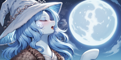 Size: 2400x1200 | Tagged: safe, ai content, derpibooru import, machine learning generated, pony, ambiguous race, blushing, breath, bust, elden ring, eyes closed, female, full moon, mare, moon, open mouth, portrait, prompter:greesys, ranni the witch, solo