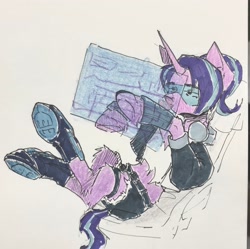 Size: 2352x2338 | Tagged: safe, artist:rover, derpibooru import, starlight glimmer, pony, unicorn, g4, bubblegum, clothes, cyberpunk, food, glasses, gum, hacker, horn, ponytail, shirt, shoes, shorts, solo, technology