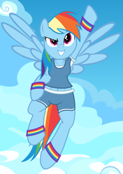 Size: 1200x1700 | Tagged: safe, artist:flash equestria photography, derpibooru import, rainbow dash, anthro, pegasus, unguligrade anthro, g4, arm hooves, belly, belly button, breasts, clothes, female, flying, grin, rainboob dash, semi-quad, smiling, solo, sports outfit, sweatband, vector