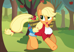 Size: 1700x1200 | Tagged: safe, artist:flash equestria photography, derpibooru import, applejack, anthro, earth pony, unguligrade anthro, g4, apple, apple tree, applerack, arm hooves, breasts, chestbreasts, female, looking sideways, open mouth, open smile, quadrupedal, quadrupedal chest boobs, semi-quad, smiling, solo, tree, vector