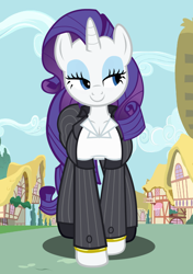 Size: 1200x1700 | Tagged: safe, artist:flash equestria photography, derpibooru import, rarity, anthro, unguligrade anthro, unicorn, g4, arm hooves, breasts, business suit, clothes, female, horn, looking sideways, quadrupedal, quadrupedal chest boobs, raritits, semi-quad, smiling, solo, vector