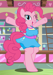 Size: 1200x1700 | Tagged: safe, artist:flash equestria photography, derpibooru import, pinkie pie, anthro, earth pony, unguligrade anthro, g4, arm hooves, bipedal, breasts, female, one eye closed, open mouth, open smile, pinkie pies, semi-quad, smiling, solo, sugarcube corner, vector, wink