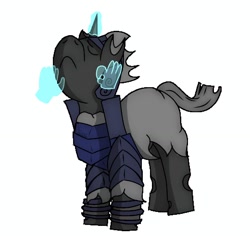 Size: 1040x980 | Tagged: safe, artist:thomas.senko, derpibooru import, oc, oc only, oc:captain black lotus, changeling, pony, armor, armor skirt, armored pony, changeling armor, changeling oc, dark skin, holes, magic, male, simple background, skirt, solo, stallion, white background