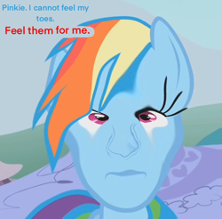 Size: 470x462 | Tagged: safe, derpibooru import, edit, edited screencap, editor:humanponyman, screencap, rainbow dash, g4, 1000 hours in ms paint, abomination, cursed image, dialogue, huh, human face, human facial structure, implied feet, implied implying, implied pinkie pie, implied toes, not salmon, sigma male, solo, wat, what am i even looking at