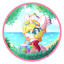 Size: 2000x2000 | Tagged: safe, artist:pasteldraws, derpibooru import, oc, oc only, alicorn, pony, beach, blushing, clothes, commission, crown, drink, drinking, drinking straw, ear fluff, ears, goggles, hoodie, horn, jewelry, leaves, marker crown, markers, ocean, paint, paint splatter, rainbow, regalia, solo, summer, vacation, water, wings, ych example, ych result, your character here