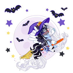 Size: 2500x2500 | Tagged: safe, artist:skye-the-ferret, derpibooru import, oc, oc only, oc:oreo cream, bat, pegasus, pony, broom, clothes, colored wings, female, flying, flying broomstick, hat, horns, mare, moon, scarf, simple background, socks, solo, stars, transparent background, two toned wings, wings, witch hat