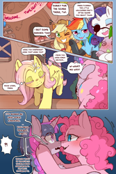 Size: 960x1440 | Tagged: safe, alternate version, artist:cold-blooded-twilight, derpibooru import, applejack, fluttershy, pinkie pie, rainbow dash, rarity, spike, twilight sparkle, dragon, earth pony, pegasus, pony, unicorn, comic:cold storm, g4, 3 panel comic, alternate design, apple, balloon, blushing, cake, chest fluff, clothes, cold blooded twilight, colored eyelashes, comic, dialogue, exclamation point, eyebrows, eyebrows visible through hair, eyelashes, eyepatch, eyes closed, female, flower, flower in hair, food, freckles, glowing, glowing eyes, golden oaks library, holding a dragon, holding a spike, horn, hug, interrobang, leggings, lidded eyes, male, mane seven, mane six, mare, nose to nose, one eye closed, open mouth, pitcher, question mark, speech bubble, spikelove, wink