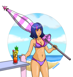 Size: 2839x2995 | Tagged: safe, artist:carpdime, derpibooru import, twilight sparkle, human, g4, abs, beach, beach umbrella, belly, belly button, bikini, breasts, cleavage, clothes, drink, female, humanized, solo, summer, swimsuit, umbrella