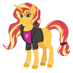 Size: 5160x5211 | Tagged: safe, artist:emeraldblast63, derpibooru import, sunset shimmer, horse, unicorn, g4, clothes, crossover, female, grin, horn, jacket, leather, leather jacket, mare, shirt, simple background, smiling, solo, t-shirt, transparent background, unshorn fetlocks, wild manes, wild manesified