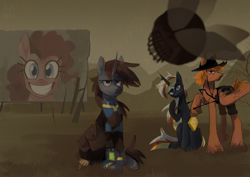 Size: 3158x2232 | Tagged: safe, artist:starry_llama, derpibooru import, oc, oc only, oc:calamity, oc:littlepip, oc:velvet remedy, pegasus, pony, unicorn, fallout equestria, bag, battle saddle, clothes, fallout, female, grin, hat, horn, jumpsuit, looking at you, male, mare, medical saddlebag, ministry mares, ministry of morale, outdoors, pipbuck, poster, question mark, raised hoof, raised leg, saddle bag, smiling, spritebot, trio, unamused, vault suit, weapon