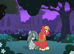 Size: 1024x744 | Tagged: artist needed, safe, anonymous artist, artist:shadowwolf, derpibooru import, big macintosh, marble pie, earth pony, pony, g4, canterlot gardens, cute, dialogue in the description, duo, duo male and female, female, freckles, grand galloping gala, headcanon, headcanon in the description, looking at each other, looking at someone, male, marblebetes, mare, ship:marblemac, shipping, sitting, smiling, smiling at each other, stallion, straight