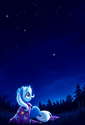 Size: 832x1216 | Tagged: safe, ai content, derpibooru import, generator:novelai, generator:stable diffusion, machine learning generated, trixie, g4, cape, clothes, lonely, night, solo, stars, trixie's cape