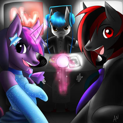 Size: 600x600 | Tagged: safe, artist:askheroichamburger, derpibooru import, twilight sparkle, unicorn twilight, oc, oc:the living tombstone, pony, semi-anthro, unicorn, g4, 2012, artifact, clothes, dj booth, dress, horn, looking at you, necktie, smiling, song cover