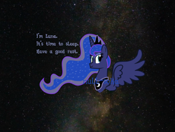 Size: 2388x1791 | Tagged: safe, artist:null-soka, derpibooru import, princess luna, alicorn, g4, dialogue, female, galaxy, night, solo, space, text