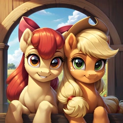 Size: 2512x2512 | Tagged: safe, ai content, derpibooru import, generator:pony diffusion v6 xl, generator:stable diffusion, machine learning generated, apple bloom, applejack, earth pony, pony, g4, adorable face, adorabloom, apple sisters, applejack's hat, beautiful, bow, closed mouth, clothes, cowboy hat, cute, duo, duo female, eyelashes, female, green eyes, grin, hair bow, hat, hooves, jackabetes, looking at you, mare, orange eyes, outdoors, prompter:bartp98, siblings, sisters, smiling, smiling at you, teeth, the quality of ai art is frightening