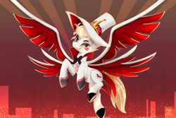 Size: 2400x1600 | Tagged: safe, artist:darksly, derpibooru import, angel, angel pony, original species, pony, seraph, spoiler:hazbin hotel, angelic wings, commission, deadly sin, fallen angel, grin, hat, hazbin hotel, heavenborn, hell, hellaverse, king, king of hell, looking at you, lucifer, lucifer morningstar (hazbin hotel), male, multiple wings, ponified, pride ring, sin of pride, smiling, smiling at you, solo, species swap, spoilers for another series, spread wings, stallion, top hat, wings