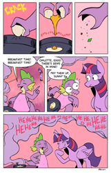 Size: 3840x5966 | Tagged: safe, artist:balileart, derpibooru import, spike, twilight sparkle, twilight sparkle (alicorn), alicorn, dragon, pony, g4, apron, caught, clothes, comic, cute, dialogue, dork, duo, duo male and female, egg (food), emanata, embarrassed, female, food, frying pan, laughing, male, mare, speech bubble, spikabetes, twiabetes, wingless spike