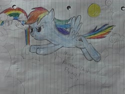 Size: 4032x3024 | Tagged: safe, artist:lnx1ynight16, derpibooru import, rainbow dash, pegasus, pony, g4, cloud, cloudsdale, colored pencil drawing, flying, lined paper, notebook, partial color, rainbow, sketch, sky, smiling, solo, sun, traditional art, unfinished art, writing