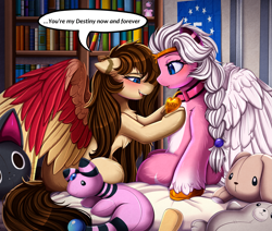 Size: 3189x2709 | Tagged: safe, artist:pridark, derpibooru import, oc, oc only, oc:bipen, pegasus, pony, book, bookshelf, collar, duo, pegasus oc, plushie, speech bubble