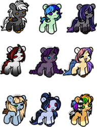 Size: 2310x3038 | Tagged: safe, artist:sexygoatgod, derpibooru import, oc, oc only, oc:banana berries, oc:curly blue, oc:green leave, oc:grey mane, oc:grey shine, oc:little blue, oc:orange feather, oc:purple starshine, oc:red hearties, earth pony, pegasus, pony, unicorn, adoptable, chibi, female, group, horn, simple background, transparent background