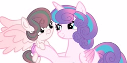 Size: 1265x630 | Tagged: safe, artist:ameliastars2308, derpibooru import, princess flurry heart, oc, oc:crystal shower, alicorn, pegasus, pony, g4, baby, baby pony, base used, duo, duo female, female, filly, foal, mare, mother and child, mother and daughter, offspring, older, older flurry heart, parent and child, parent:pound cake, parent:princess flurry heart, parents:poundflurry, simple background, white background