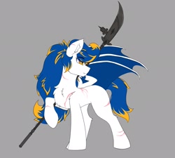 Size: 2201x1977 | Tagged: safe, artist:anonymous, derpibooru import, oc, oc only, oc:glaive, bat pony, pony, glaive, gray background, polearm, scar, simple background, solo, weapon