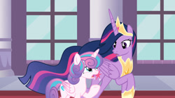 Size: 1192x670 | Tagged: safe, artist:ameliastars2308, derpibooru import, princess flurry heart, princess twilight 2.0, twilight sparkle, twilight sparkle (alicorn), alicorn, pony, g4, aunt and niece, canterlot castle interior, concave belly, duo, duo female, female, height difference, indoors, looking at each other, looking at someone, older, older twilight, older twilight sparkle (alicorn), open mouth, physique difference, raised hoof, raised leg, slender, thin, window