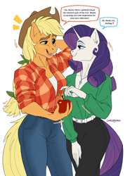 Size: 1618x2277 | Tagged: safe, artist:darunyama, derpibooru import, applejack, rarity, anthro, earth pony, unicorn, g4, apple, applejack's hat, clothes, cowboy hat, dialogue, duo, duo female, ear piercing, female, flannel shirt, food, freckles, hat, horn, jewelry, lesbian, looking at each other, looking at someone, necklace, pants, piercing, rarijack, shipping, shirt, simple background, smiling, smiling at each other, white background