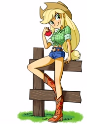 Size: 2162x3070 | Tagged: safe, artist:uotsda, derpibooru import, applejack, human, equestria girls, g4, apple, belly, belly button, boots, breasts, clothes, cute, erect nipples, female, fence, food, front knot midriff, high res, jackabetes, legs, midriff, pants, shirt, shoes, simple background, smiling, solo, white background