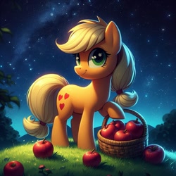 Size: 1024x1024 | Tagged: safe, ai content, derpibooru exclusive, derpibooru import, generator:bing image creator, generator:dall-e 3, machine learning generated, applejack, earth pony, pony, g4, apple, basket, cute, female, food, grass, hatless, mare, missing accessory, night, outdoors, prompter:nightofcore, raised hoof, raised leg, solo, standing, stars, wrong cutie mark