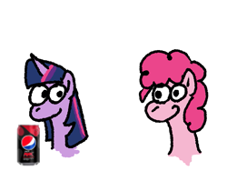 Size: 979x737 | Tagged: safe, artist:zoeyhorse, derpibooru import, pinkie pie, twilight sparkle, earth pony, pony, unicorn, g4, duo, duo female, female, horn, looking at each other, looking at someone, mare, pepsi, simple background, smiling, soda, white background