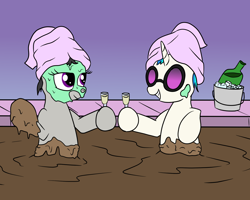 Size: 2000x1600 | Tagged: safe, artist:amateur-draw, derpibooru import, dj pon-3, octavia melody, vinyl scratch, earth pony, pony, unicorn, g4, alcohol, drink, female, glass, glasses, grin, horn, lesbian, looking at each other, looking at someone, mare, mud, mud bath, mud mask, muddy, scratchtavia, shipping, simple background, smiling, smiling at each other, spa, towel