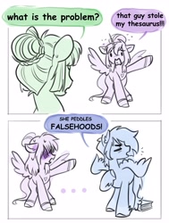 Size: 3099x4096 | Tagged: safe, artist:opalacorn, derpibooru import, oc, oc only, oc:asteria, oc:blue skies, oc:largesse, alicorn, earth pony, pegasus, pony, 2 panel comic, comic, dialogue, female, male, mare, simple background, speech bubble, stallion, thesaurus, trio, white background