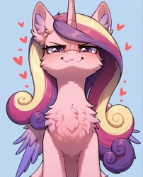 Size: 997x1236 | Tagged: safe, ai content, derpibooru import, generator:pony diffusion v6 xl, generator:stable diffusion, machine learning generated, princess cadance, alicorn, pony, g4, blushing, cheek fluff, chest fluff, cute, ear fluff, ears, female, fluffy, heart, horn, lidded eyes, looking at you, mare, prompter:ramprover, simple background, smug, wings