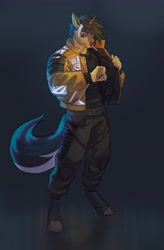 Size: 2494x3798 | Tagged: safe, artist:falopaxy, derpibooru import, oc, oc only, oc:masterkey, anthro, unguligrade anthro, unicorn, cyberpunk 2077, horn, male, smoking, solo