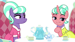 Size: 1280x720 | Tagged: artist needed, safe, anonymous artist, derpibooru import, edit, edited screencap, screencap, earth pony, pony, unicorn, g4, what lies beneath, background removed, clothes, cup, dress, duo, duo female, female, horn, jewelry, mare, necklace, pearl necklace, smiling, stepford ponies, table, tea party, teapot