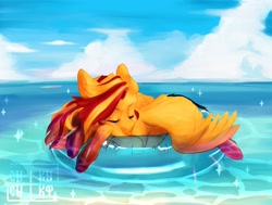 Size: 1600x1207 | Tagged: safe, artist:zaka, derpibooru import, oc, oc only, pegasus, pony, beach, circle, commission, floating, inner tube, not sunset shimmer, ocean, pool toy, solo, water