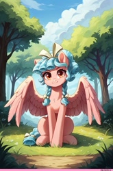 Size: 768x1166 | Tagged: safe, ai content, derpibooru import, machine learning generated, cozy glow, pegasus, pony, g4, braid, braided pigtails, cloud, female, freckles, grass, looking at you, partially open wings, pigtails, sitting, sky, smiling, smiling at you, solo, sunny day, tree, wings