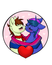 Size: 3242x4041 | Tagged: safe, artist:amaki88, derpibooru import, oc, oc only, oc:aperture, oc:flashpoint, earth pony, pony, unicorn, bisexual pride flag, blushing, clothes, duo, heart, horn, kissing, pride, pride flag, scarf, shared clothing, shared scarf