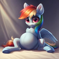 Size: 1024x1024 | Tagged: safe, ai content, derpibooru import, machine learning assisted, machine learning generated, rainbow dash, pegasus, pony, g4, abdominal bulge, bed, belly, big belly, female, linea nigra, mare, on bed, pregnant, prompter:jaguarcalamitydejv, round belly, sitting, sitting on bed, solo, wings