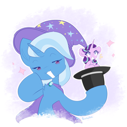 Size: 3000x3000 | Tagged: safe, artist:persikulka, derpibooru import, starlight glimmer, trixie, pony, unicorn, g4, cape, clothes, duo, duo female, emanata, female, hat, horn, magic trick, mare, micro, sparkles, surprised, trixie's cape, trixie's hat