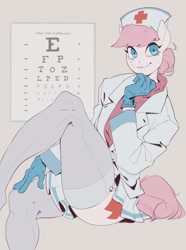 Size: 1560x2100 | Tagged: safe, artist:egil, derpibooru import, nurse redheart, anthro, earth pony, g4, ass, butt, clothes, coat, cute, eye chart, female, gloves, grin, hat, nurse hat, nurse outfit, sitting, skirt, smiling, solo, stockings, sweater, thigh highs, turtleneck