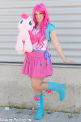 Size: 1024x1539 | Tagged: safe, artist:giorgiasanny, derpibooru import, pinkie pie, human, equestria girls, g4, boots, clothes, cosplay, costume, high heel boots, irl, irl human, jacket, photo, plushie, shirt, shoes, skirt, vest