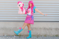 Size: 1024x682 | Tagged: safe, artist:giorgiasanny, derpibooru import, pinkie pie, human, equestria girls, g4, boots, clothes, cosplay, costume, high heel boots, irl, irl human, jacket, photo, plushie, shirt, shoes, skirt, vest