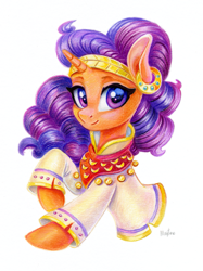 Size: 897x1200 | Tagged: safe, artist:maytee, derpibooru import, saffron masala, pony, unicorn, g4, bust, colored pencil drawing, female, horn, looking at you, mare, portrait, simple background, smiling, smiling at you, solo, traditional art, white background
