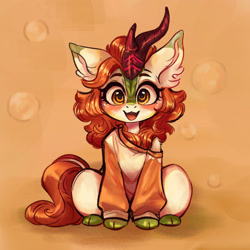 Size: 1704x1704 | Tagged: safe, artist:kpolnoc, artist:polnocnykot, derpibooru import, autumn blaze, kirin, g4, awwtumn blaze, blushing, bubble, clothes, cute, ear fluff, ears, female, looking at you, open mouth, open smile, sitting, smiling, smiling at you, solo, sweater